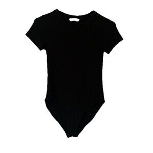 MANGOPOP Women's XS Short Sleeve Black Bodysuit Snap Crotch Goth Body Con Witchy